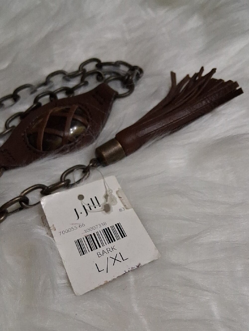 NWT J. Jill Boho Brown Leather Tassel Chain Belt-Bark Color-L/XL - Picture 4 of 6